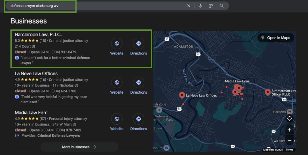Harclerode Law Ranking #1 for "defense lawyer clarksburg wv"